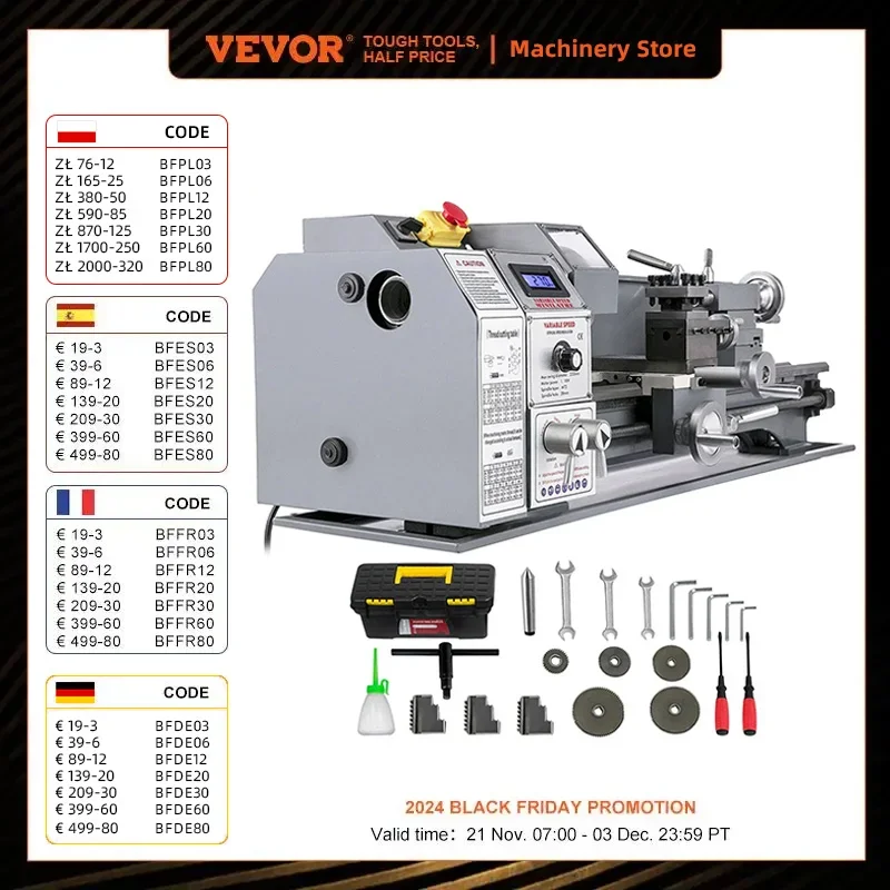 VEVOR Mini Metal Lathe Variable Speed Large Swing Range 220V 110V For Metalworking Turning Drilling Threading  Making Threads