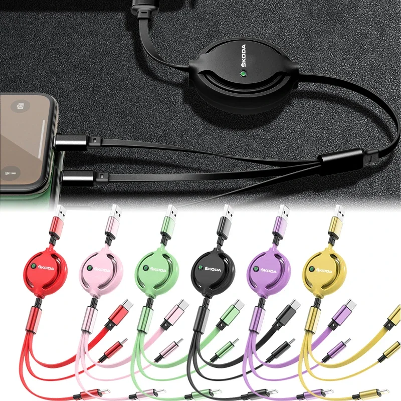 Black Charging Cable Retractable Data 3 in 1 USB Charger Fast Wire Charging Cables for Skoda Car Use Android Phone Type-C Wire