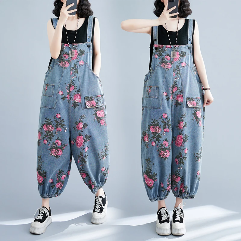 

Джинсовые комбинезоны больших размеров, модные повседневные тонкие джинсы с высокой талией и принтом, летняя коллекция, универсальный свободный крой, художественный крой