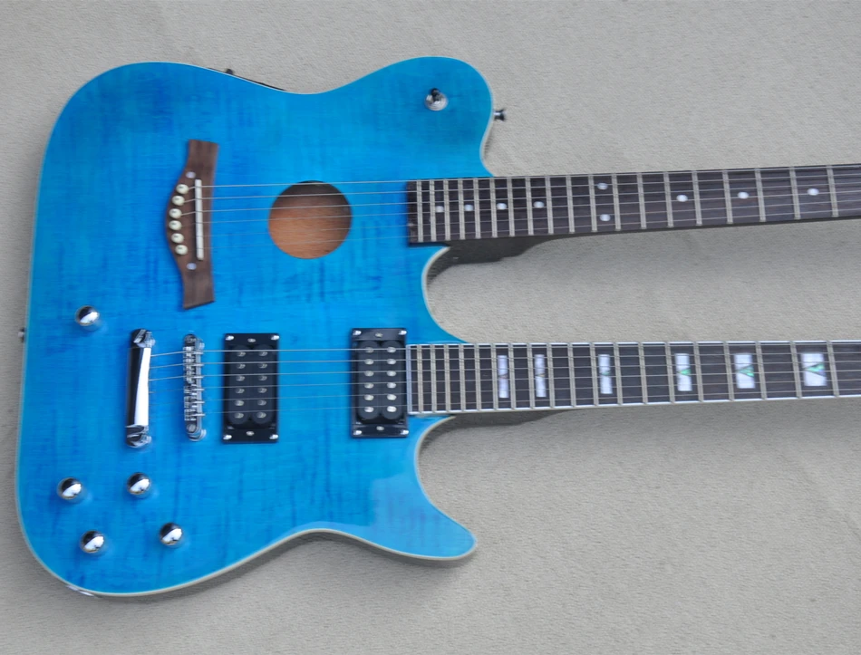 Double Neck 6+6 String Blue Body Electric Guitar with Flame Maple Veneer,Offer Customize