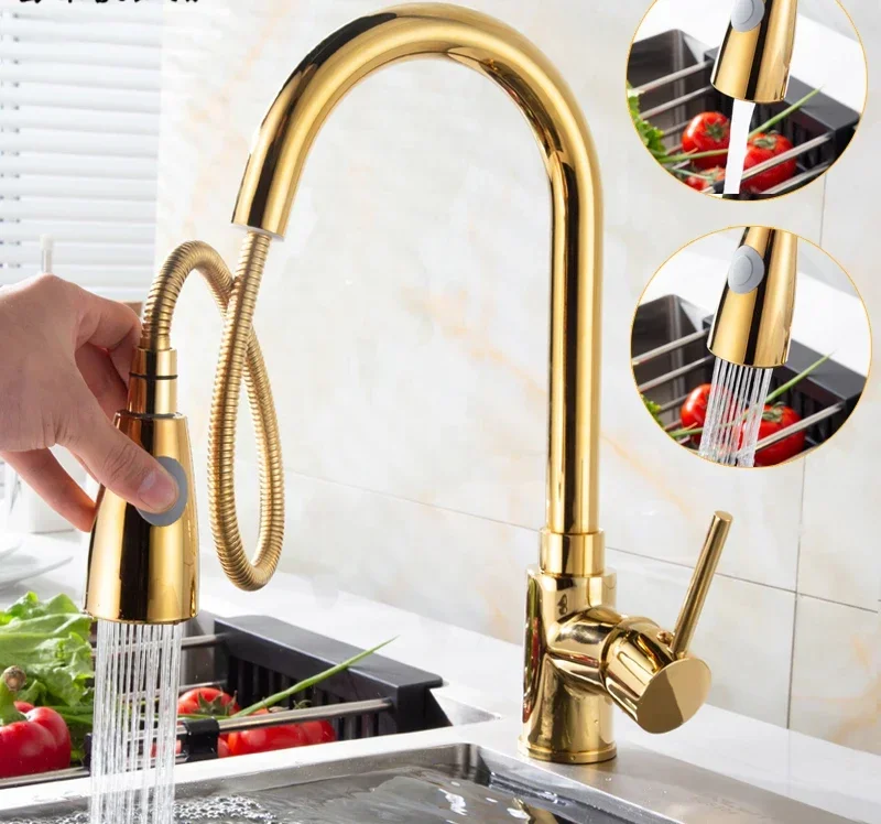 European kitchen faucet Extraction all-copper gold vegetable basin Kitchen sink faucet Undercounter basin Retractable faucet수전