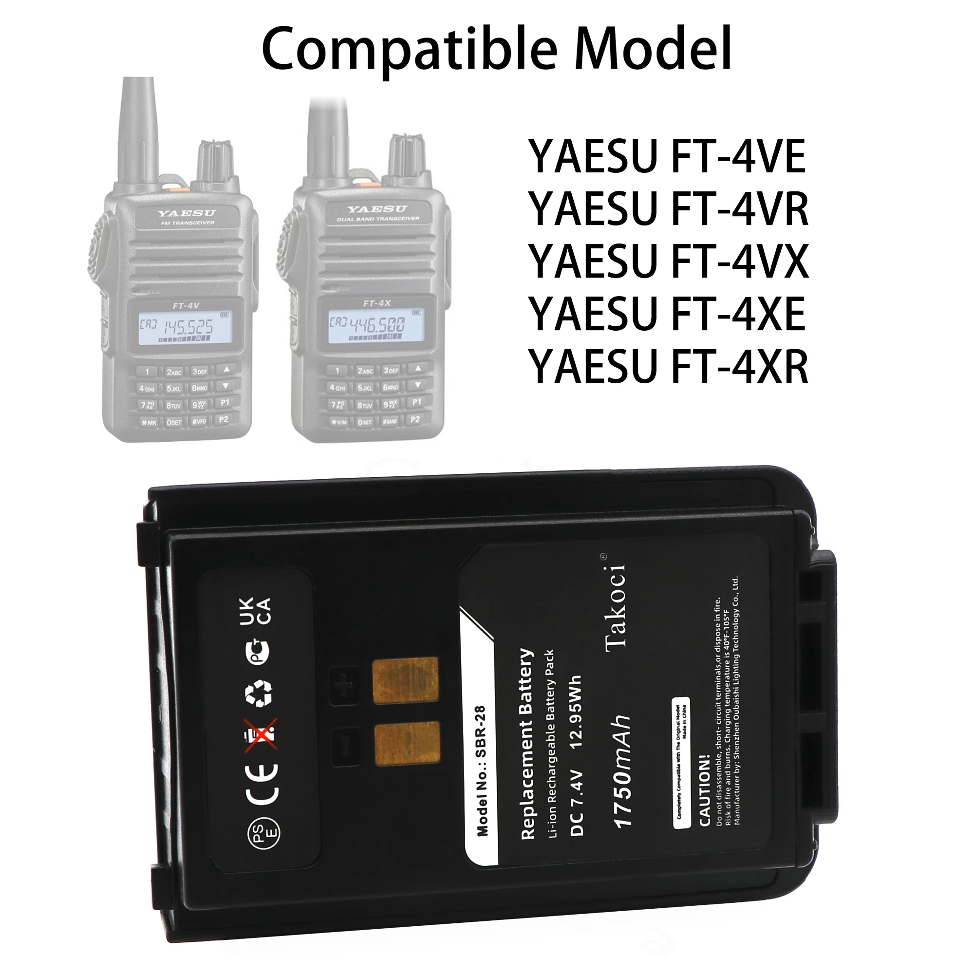 Replacement Battery for YAESU  FT-25E, FT-4VE, FT-4VR, FT-4VX, FT-4XE, FT-4XR, FT-65E, FTA-250L SBR-25LI, SBR-26LI, SBR-28