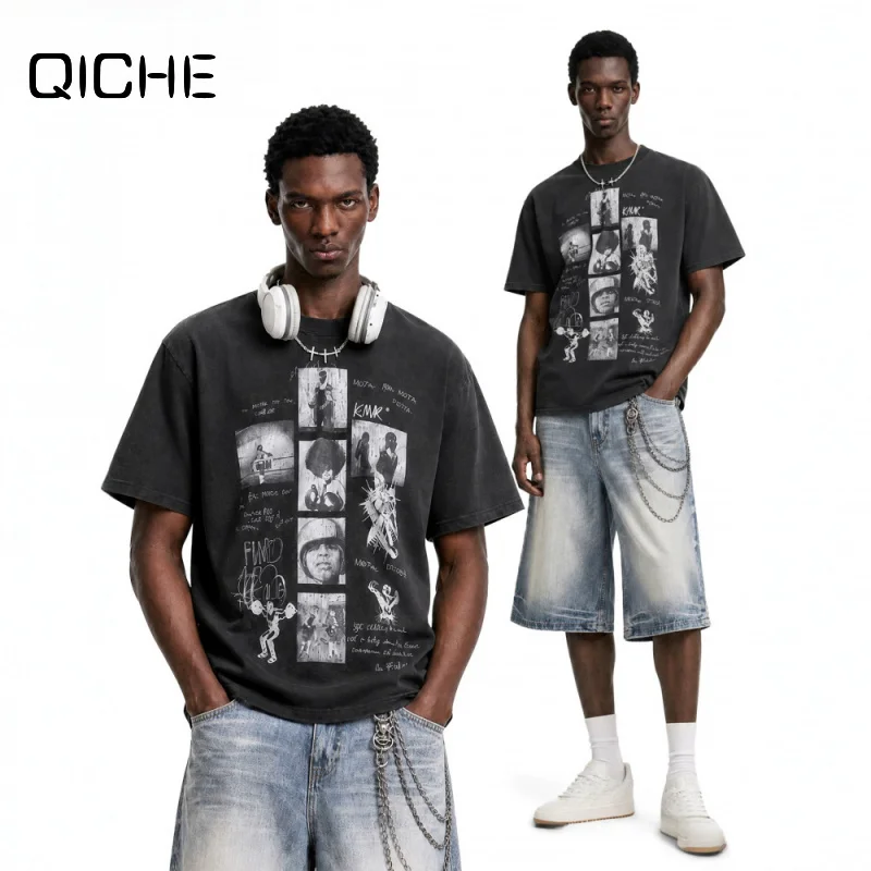 QICHE 2026 Unisex American Vintage Cross‑Print Short‑Sleeve T‑Shirt Washed Distressed Loose Crew‑Neck Casual Top
