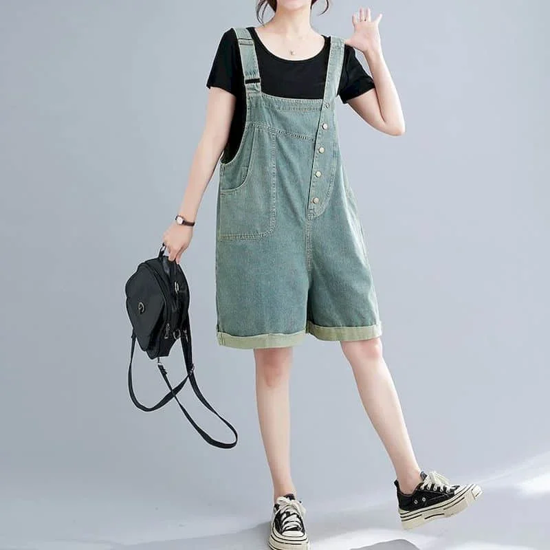 

Jumpsuits for Women Denim Vintage Casual Korean Style Asymmetric Playsuits Loose Wide Leg Shorts One Piece Outfit Women Clothing