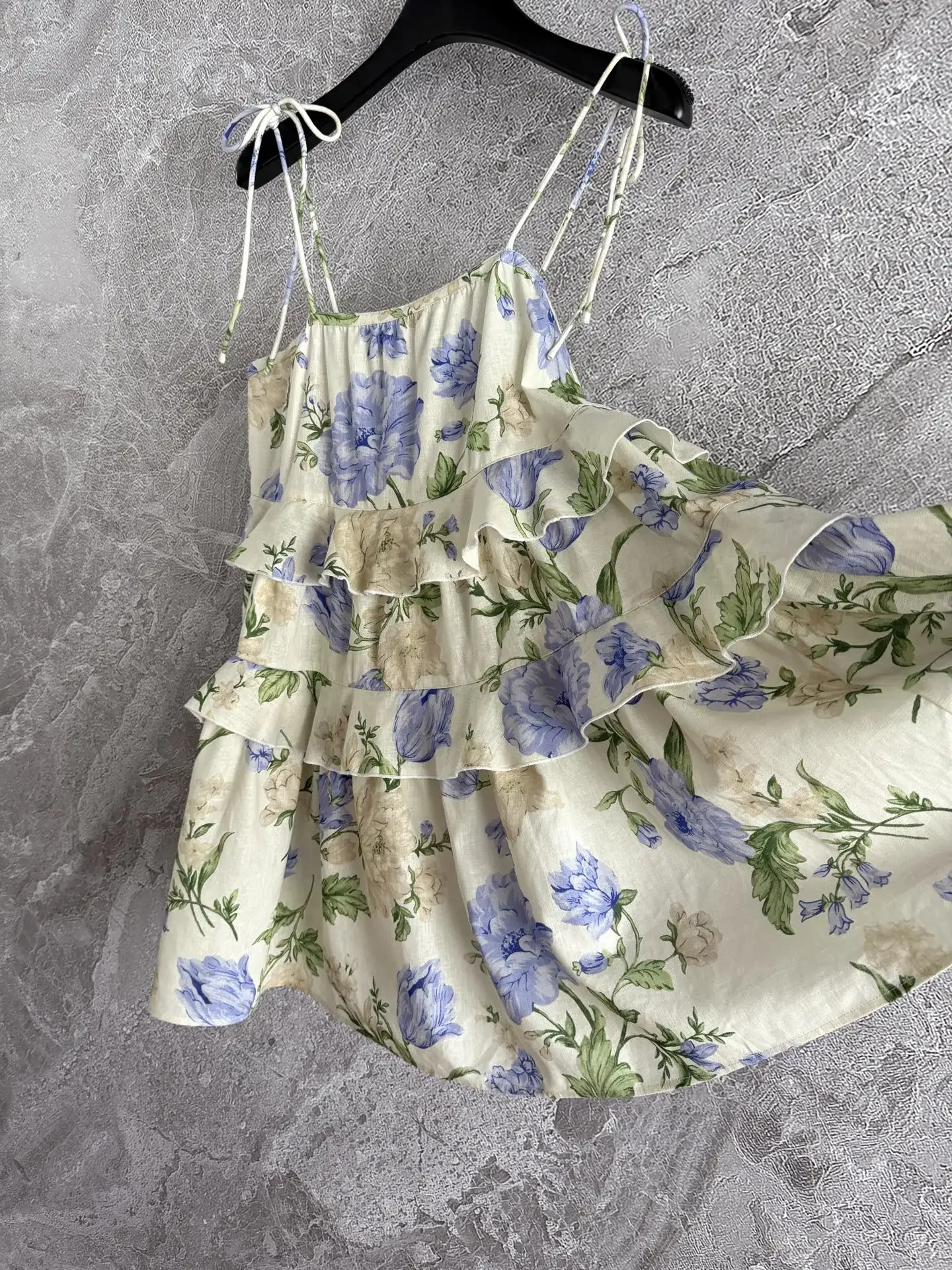 Flor impressão feminina estilingue boneca vestido babados em camadas gola quadrada sem mangas doce feminino linho mini robe