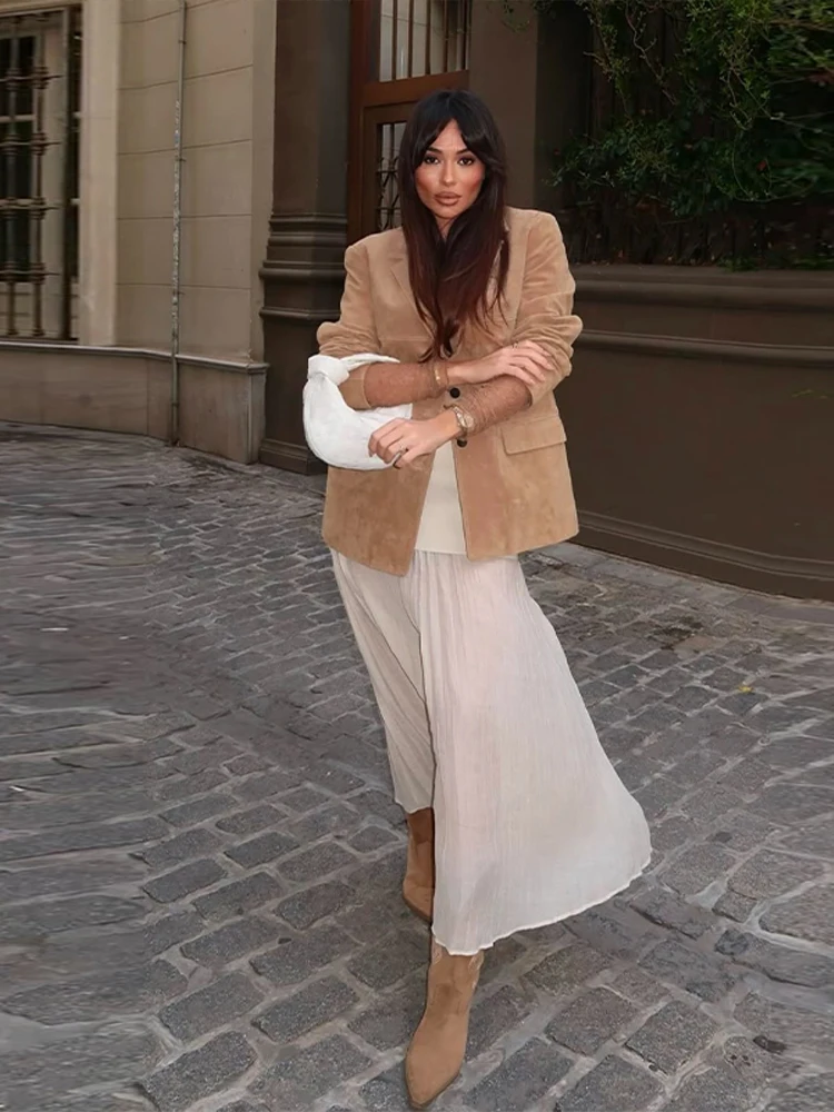 

Vintage Suede Single Breasted Female Jackets Chic Long Sleeve Lapel Coats For Women Autumn New Lady Outerwear High Street