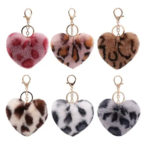 Fashion Multicolor Leopard Pattern Plush Fluffy Peach Heart Shape Pendant Keychain Cute Cartoon Key Chains Car Keyring