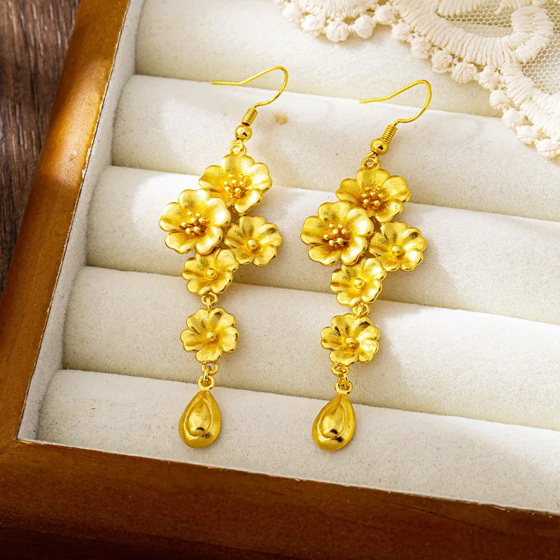 

Роскошные серьги из чистого золота 9999 пробы 24 карата с полным цветком, женские серьги с кисточками и каплями воды