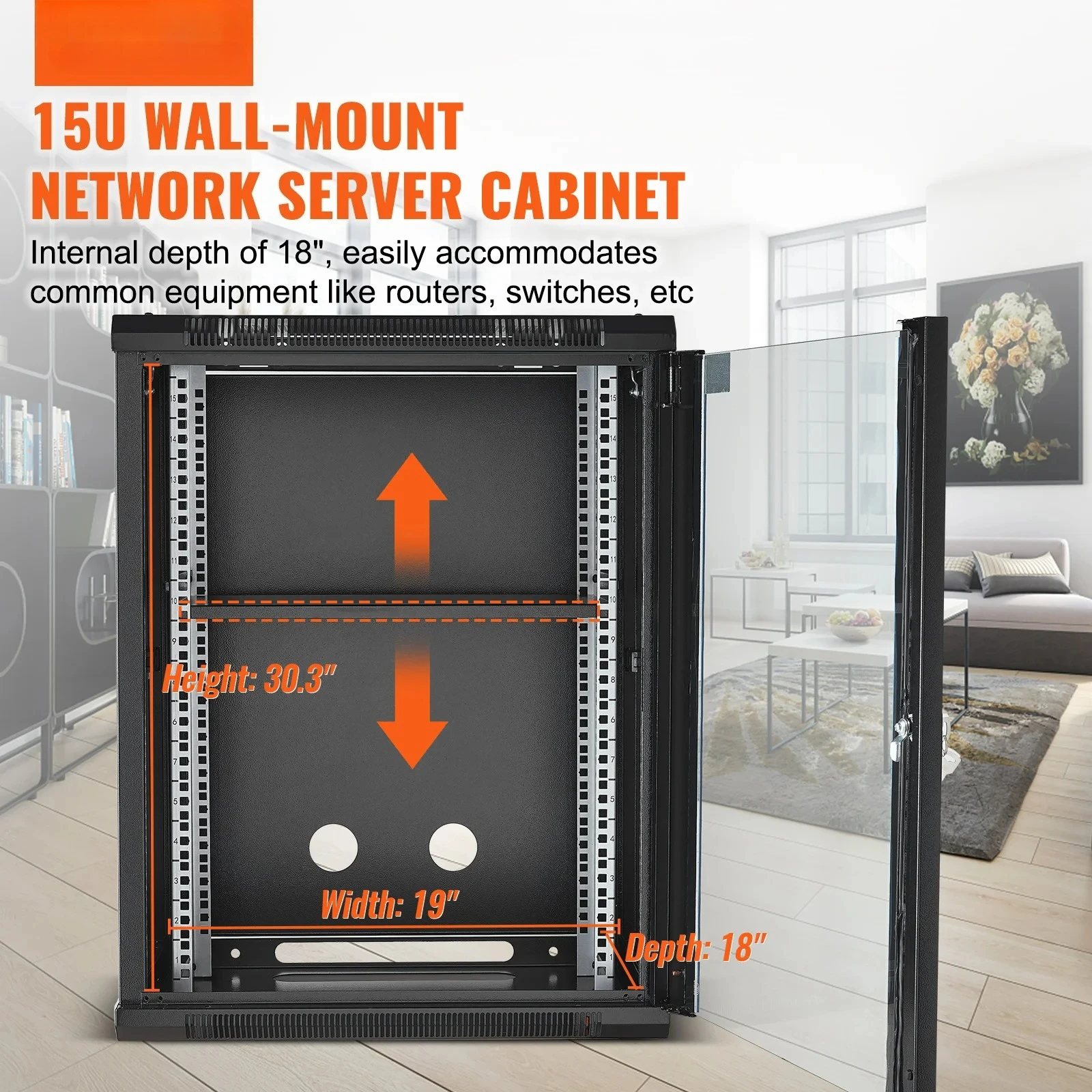 Armário de servidor de montagem em parede SucceBuy 15U Gabinete de rack de rede com capacidade de carga máxima montada à terra de 500 libras para dispositivos IT A/V