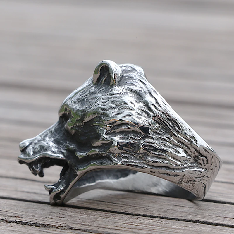 Cool Viking Bear Head Ring Men\'s Slavic Bear Berserk Stainless Steel Biker Rings Male Punk Animal Ring Nordic Amulet Jewelry