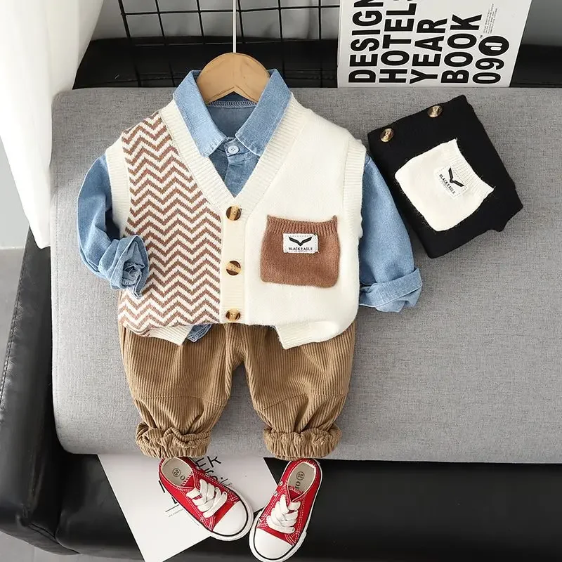 

Children's Spring Autumn Clothing Set New Boys Long Sleeve Sweater Vest+denim Shirt+Corduroy Pants 3pcs Baby Casual Clothing Set