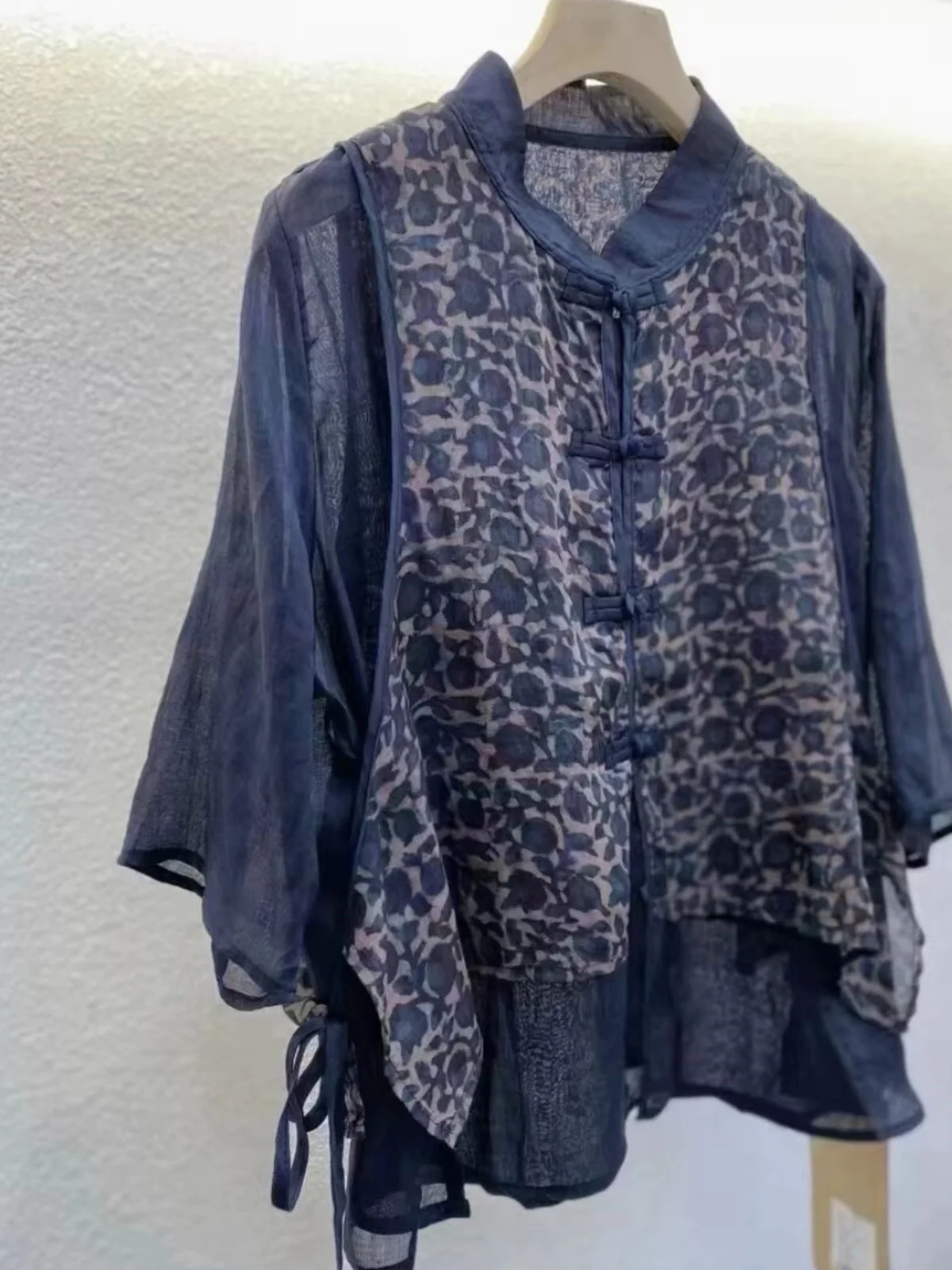 

New Chinese Sle Printed Flax Loose Women's irt Fake Two-Piece Top Buttoned Vintage Artistic Summer New Arrival