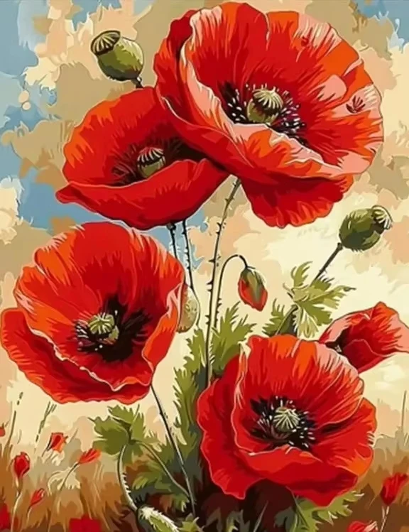 Paint By Numbers Red Floral Kit Pre Drawn Canvas Acrylic Paint Set Stress Relief DIY Craft Wall Decor Gift