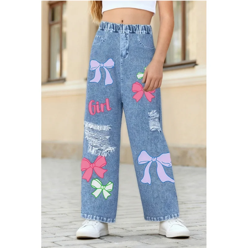 

2025 Girls' Fashion Bow Print - Children's Fashion Casual Faux Denim Loose Wide-Leg Pants