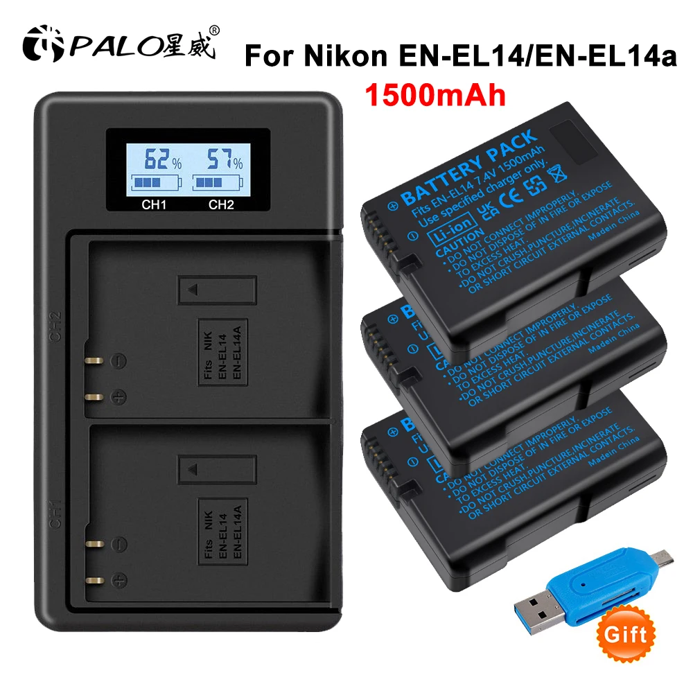 PALO EN-EL14 EN-EL14a ENEL14 pl EL14 bateria + LCD podwójna ładowarka USB do aparatu Nikon D3100 D3200 D3300 D5100 D5200 D5300 P7000