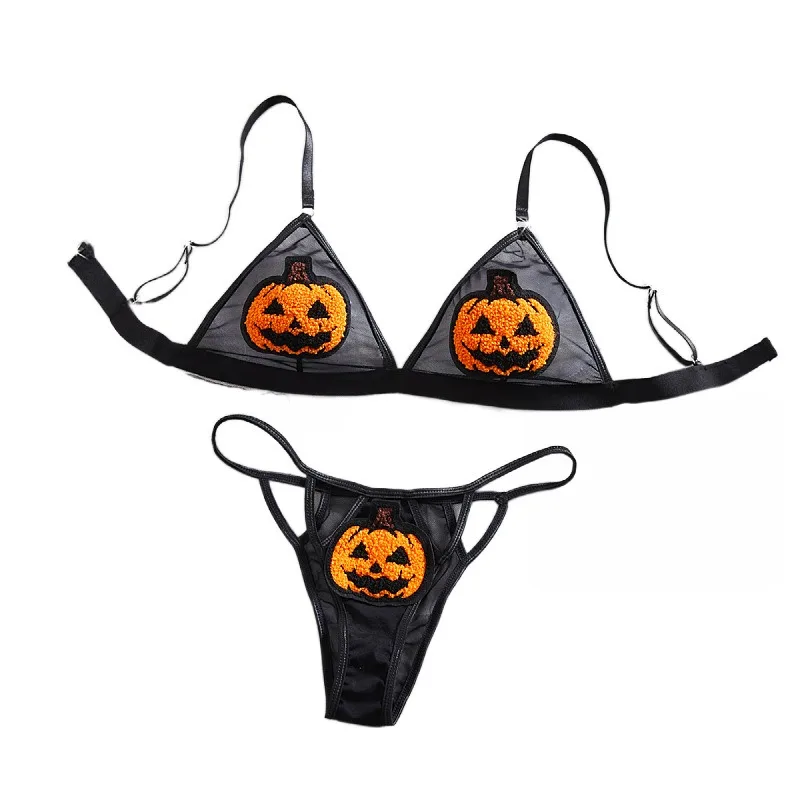 Toucheart 2PCS Halloween Sexy Pumpkin Demon Underwear Set Lace See-through Slim Plunge Backless Interesting Mesh Underwear Set