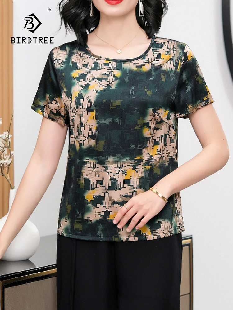 BirdTree, 91%Natural Silk Elegant T-Shirts, Women O Neck Short Sleeve Printed, Mom Commute Versatile Tees, 2024 Summer T44462QC