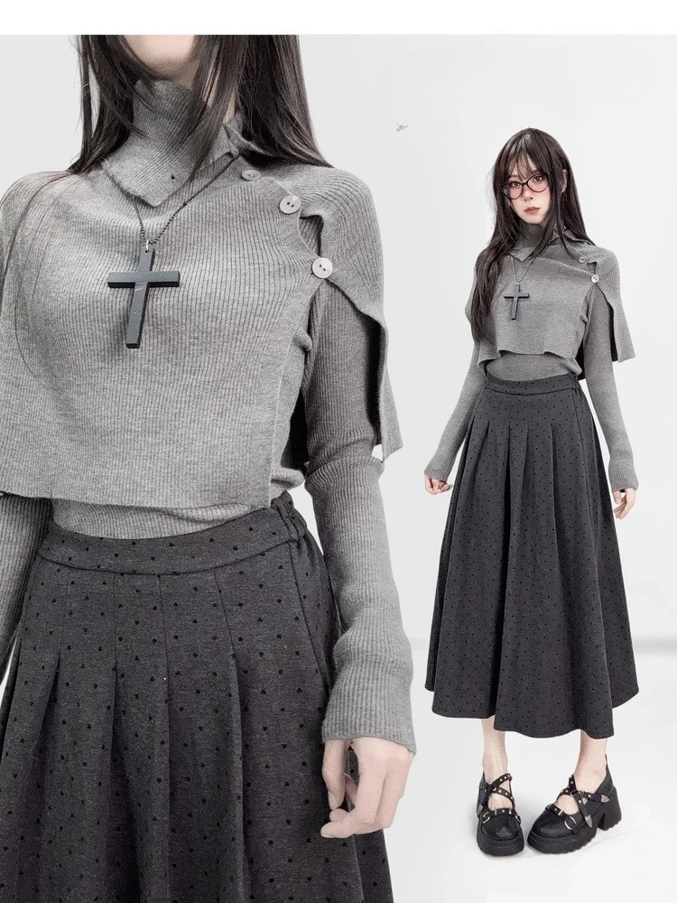 Vintage Subculture Sweater Casual Women Long Sleeve Turtleneck Knitted Pullover + Shawl Two Piece Set Y2K Clothing Antumn