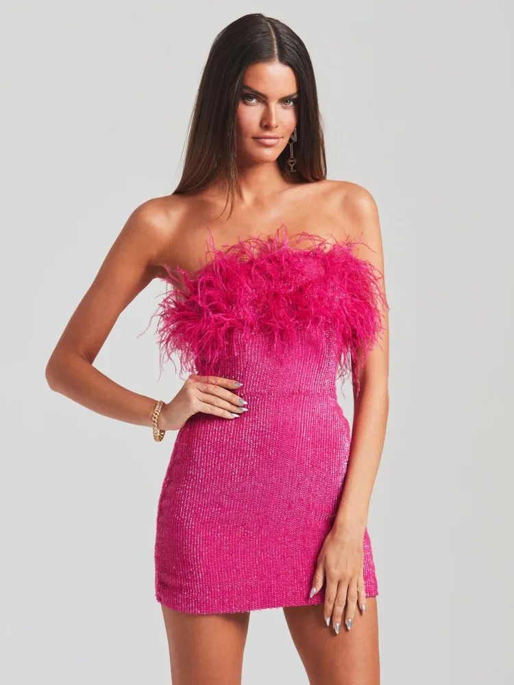 Women Sexy Winter Strapless Ostrich Feathers Sequins Hot Pink Bodycon Dress 2022 High Street Christmas Xmas Party Dress Vestido