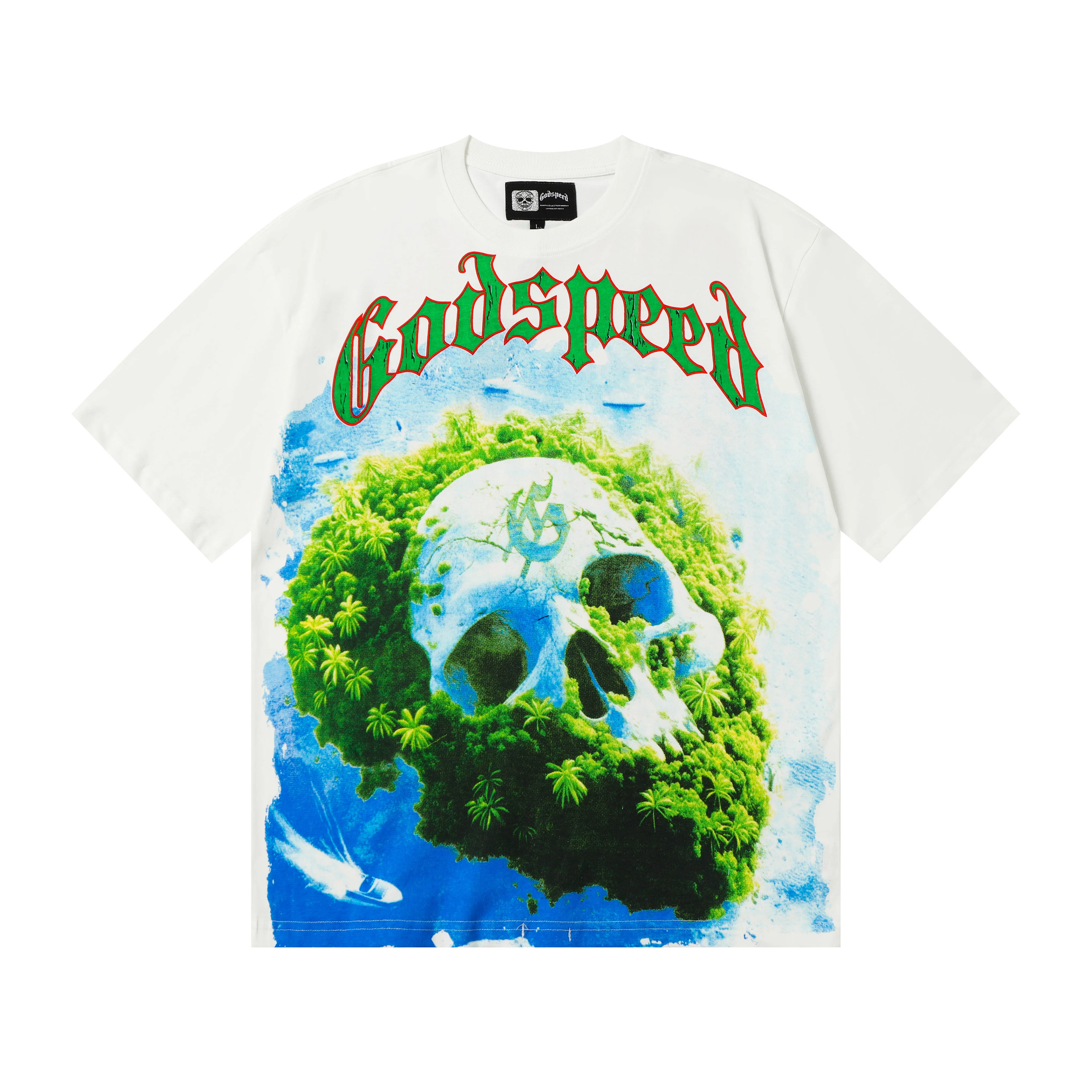 Godspeed American Trendy Brand Skeleton Island Print INS High Street Loose Summer Heavyweight Pure Cotton Short Sleeve T-Shirt