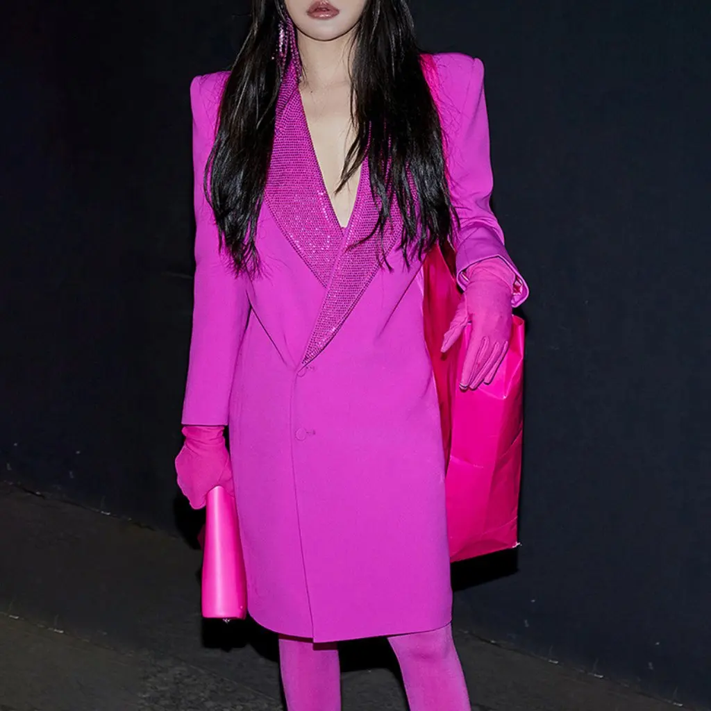 

Korean Style Royal Sister Spring Diamond-E Embedded Long Solid Color Buckle Placket Small Suit Jacket Women's Fashion