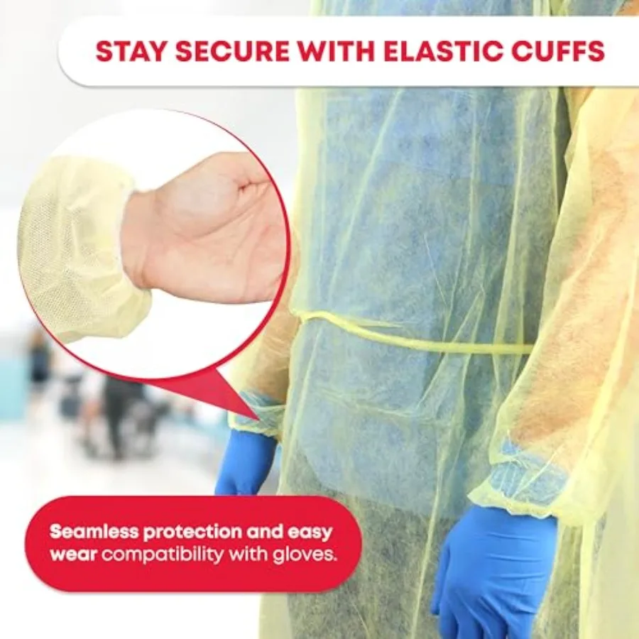 Universal Size Yellow Disposable Isolation Gown with Elastic Wrists for Healthcare and Medical Settings Ideal for Infection Con view 3