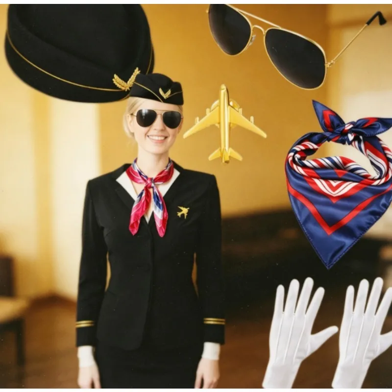 Pilot Captain Stewardess Costume Set Airline Role Play Outfit for Halloween Party Hat Dress Included