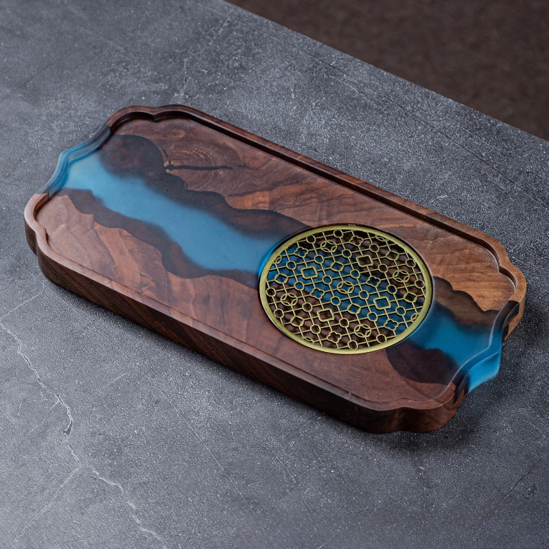 Special for walnut resin river tea tray, light luxury solid wood dry brewing table, kung fu tea set tray wholesale