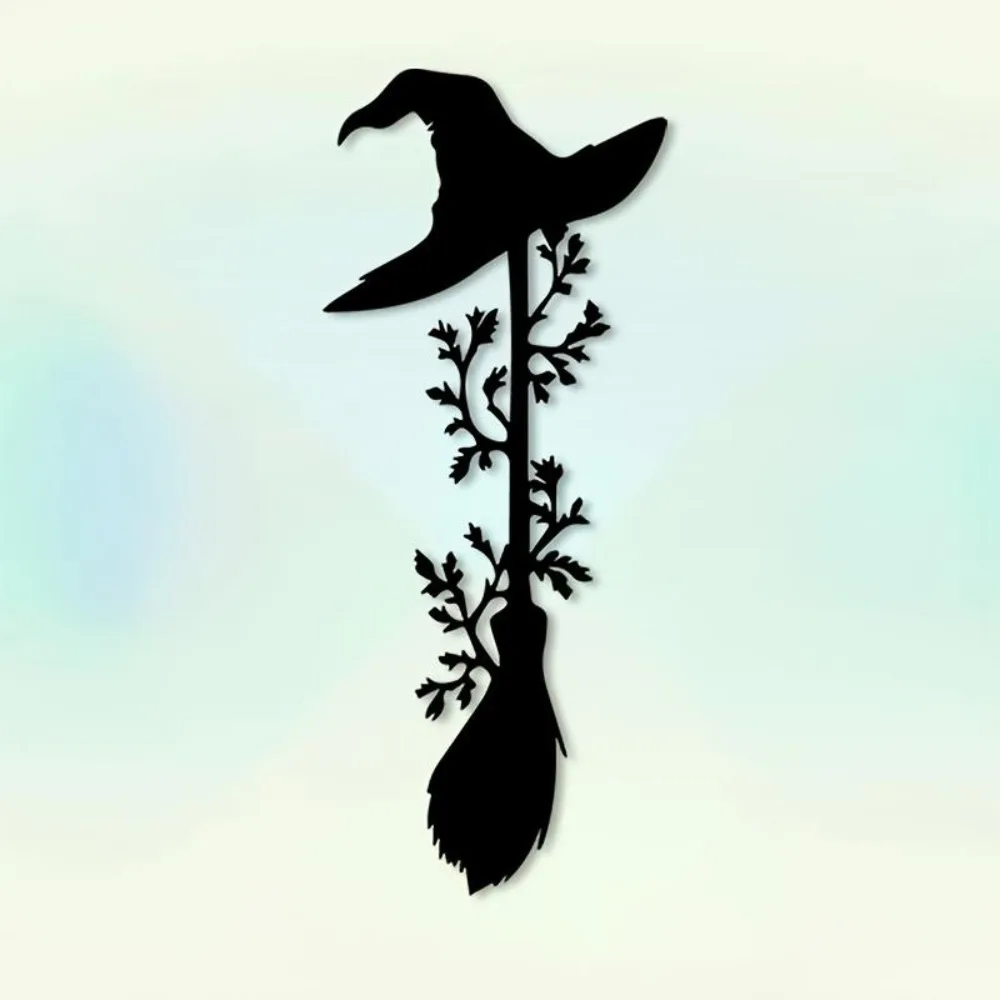 Vintage Witch Hat Broomstick 2D Metal Wall Art, Outdoor Garden Patio Decor Gift for Witch Lovers
