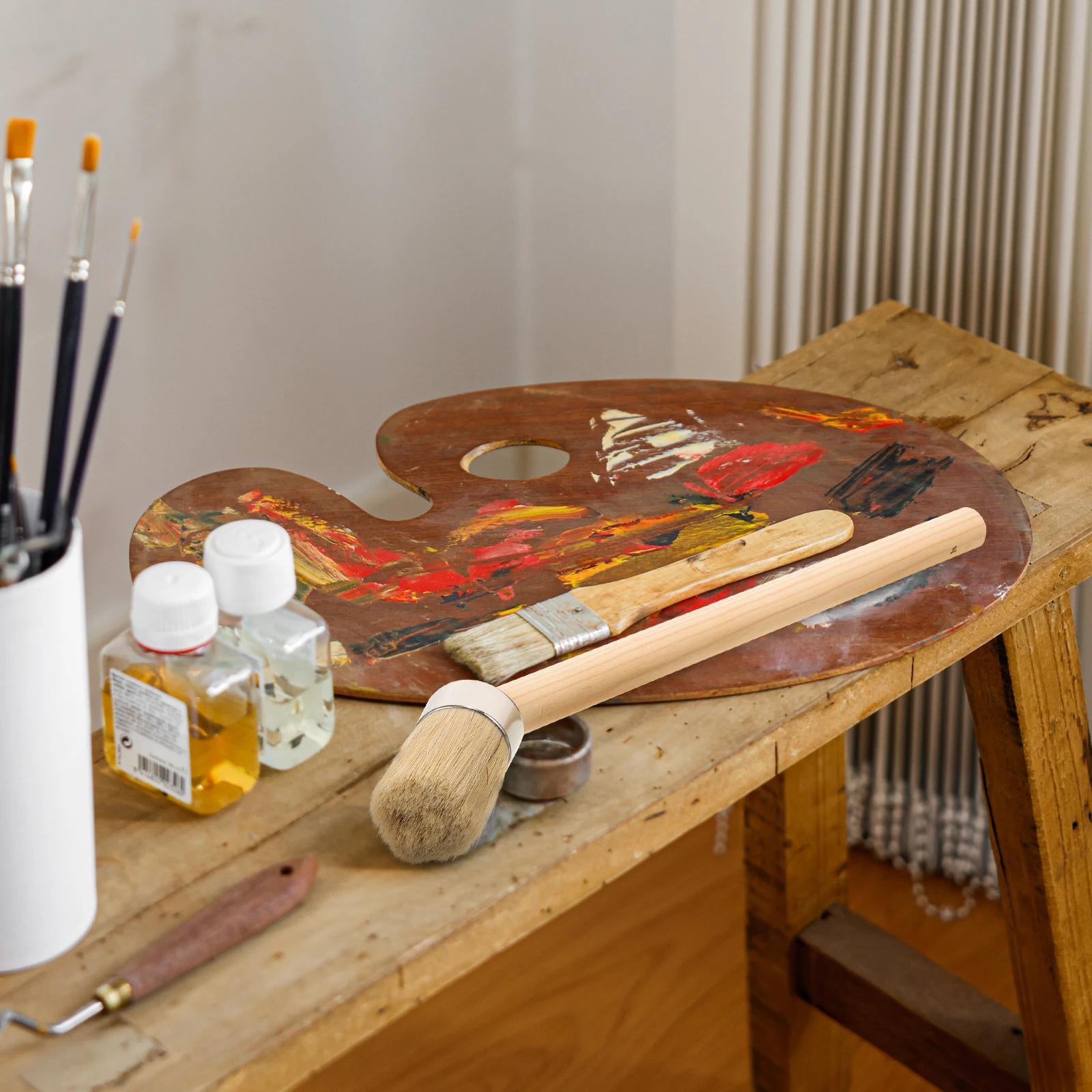 

Paint Brush Wood Handle Natural Bristle Round Head For Wall Trim Painting Furniture Stain Tool High Durability