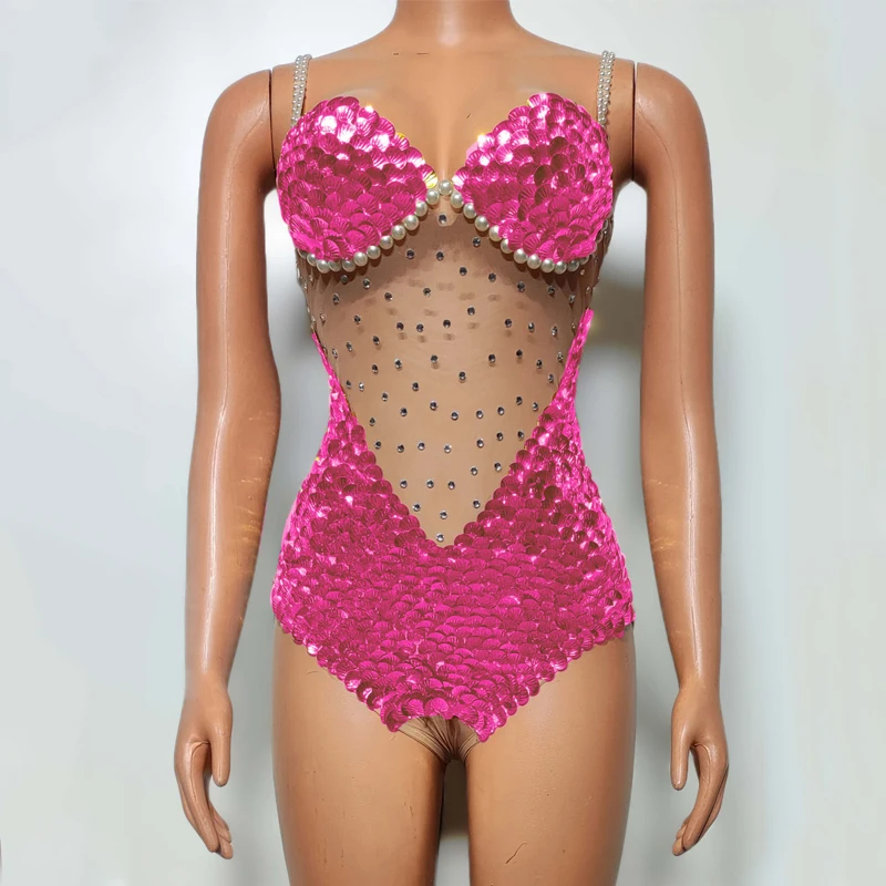 8 Colors Rhinestones Bodysuit Sexy Mesh Sequins Rompers Women Singer Celebrate Gogo Dancer Costume Stage Festival Outfit XS7674