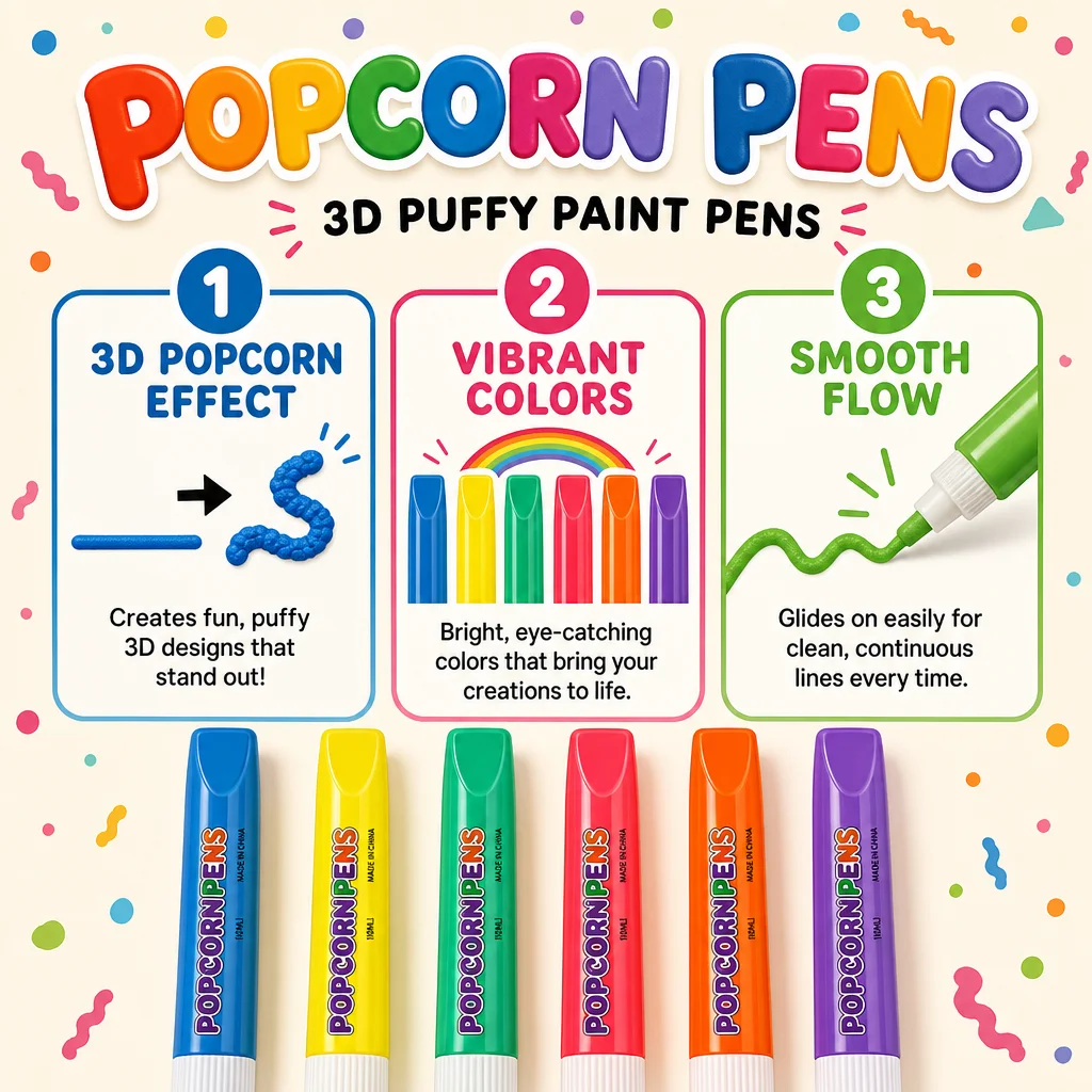 6 Color 3D Magic Popcorn Pen Set Kids Art Supplies Creative Stationery Smooth Writing Marker For DIY Painting Greeting Card view 4