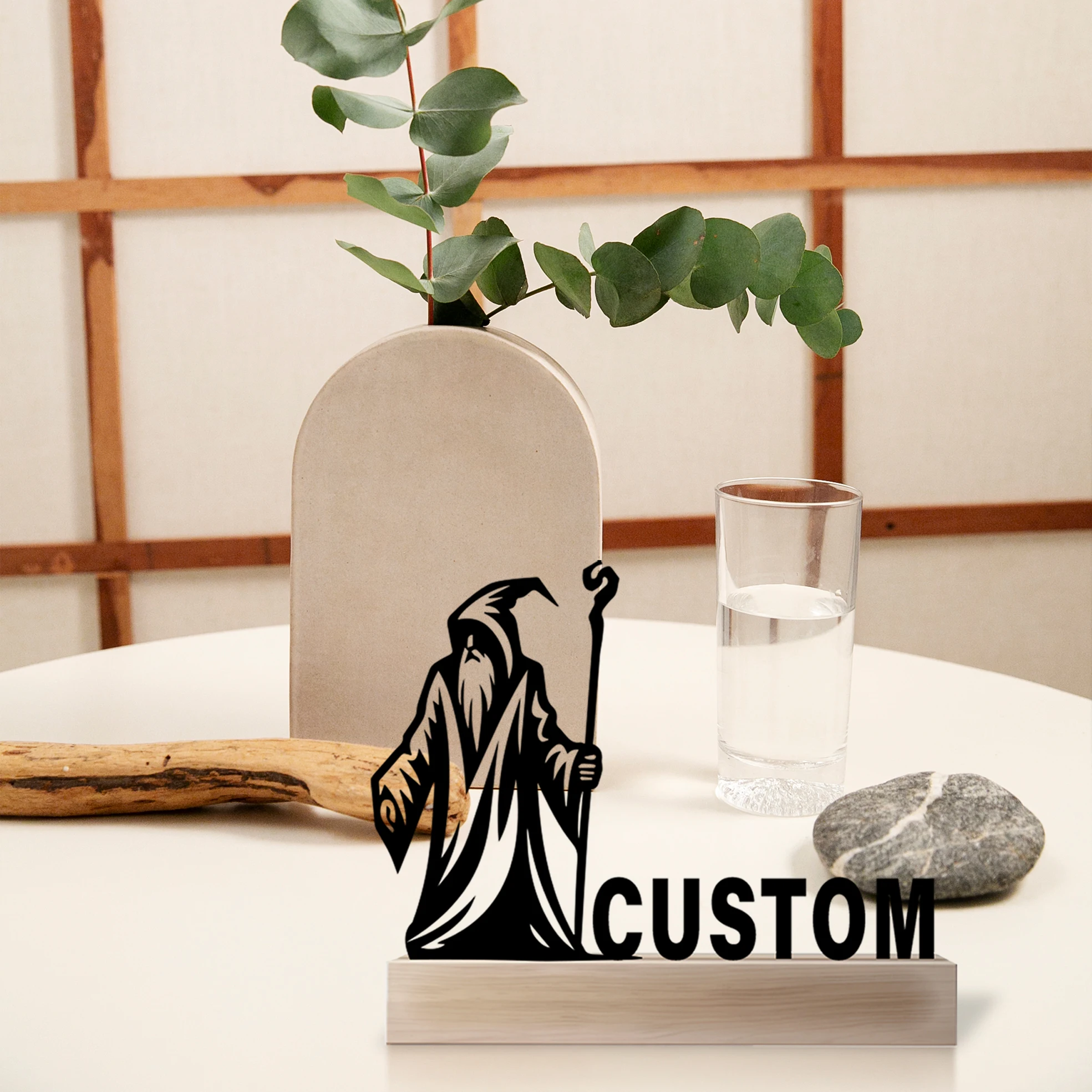 1pc Abstract the old wizard Personalized Name Metal Statue With Wood Base Iron Ornament Metal Sculpture Art Crafts With Wood