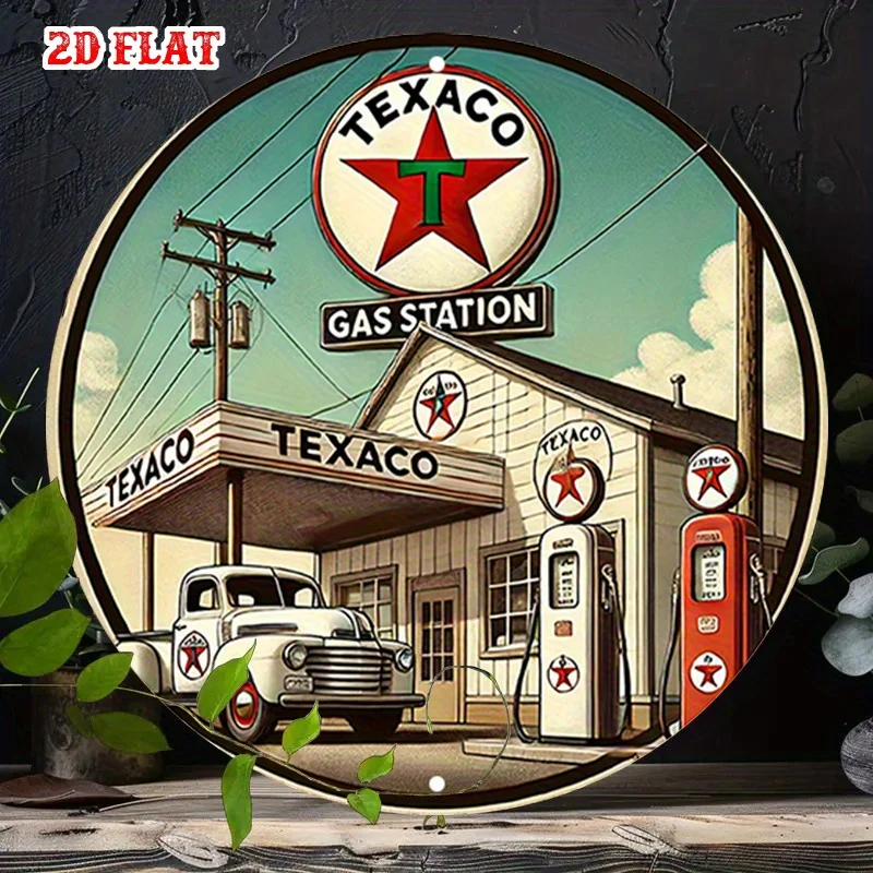 2D Flat Texaco Round Aluminum Sign, Gas Station Round Aluminum Sign, Wall Decoration Sign for Home, Garage, Restaurant, and Cafe