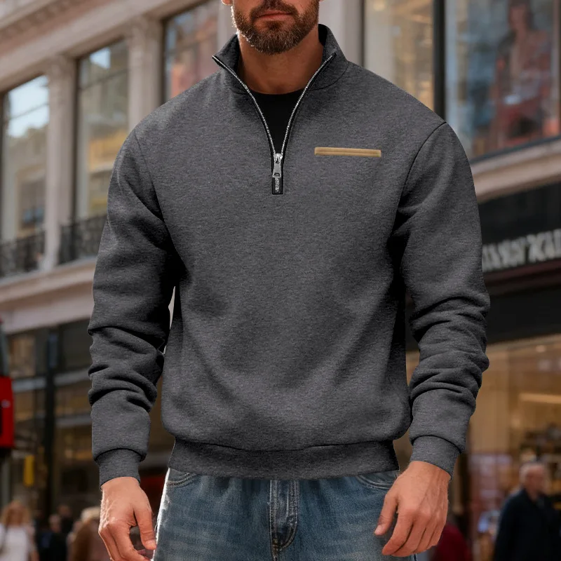 Maglione sportivo con striscia di colore a contrasto, colletto rialzato termico da uomo allentato pesante in velluto invernale americano, vendita calda