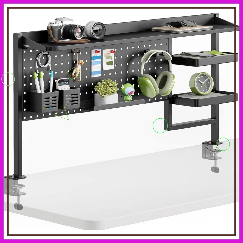 

44" Clamp on Desk Shelf with Pegboard, 2-Tier Desktop Organizer for Office Home Gaming, Black