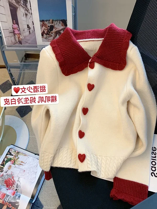 

Thiened Doll Collar Knitted Sweater Women's Autumn Winter New Sweet Anti-aging Love Button Color Blo Sweater Girl's Faion