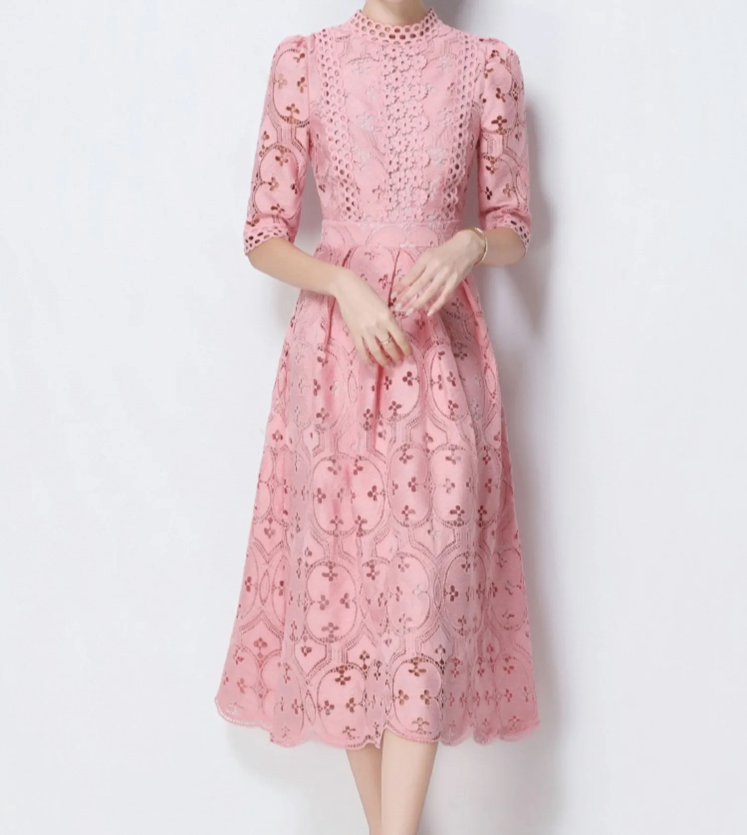 فستان وردي مجوف للنساء برقبة دائرية صيفي عالي الخصر أنيق فيستدوس ملابس خروج أنيقة عتيقة للسيدات