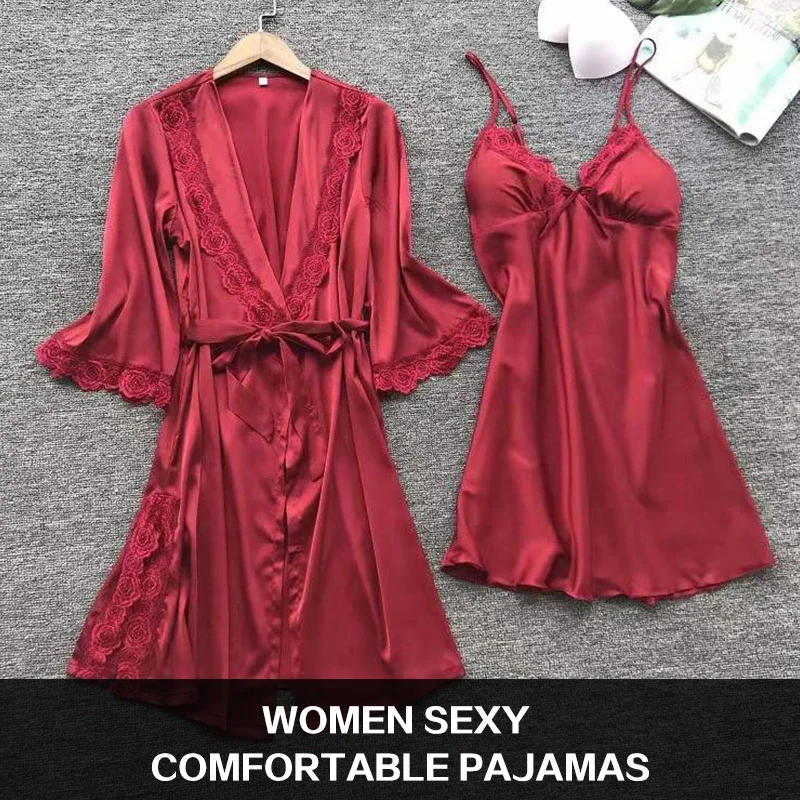 2pcs Woman Sexy Pajamas Sleepwear Lace Robe And Pants Lingerie Bathrobe Silk Satin Home Clothed Nightwear For Ladies