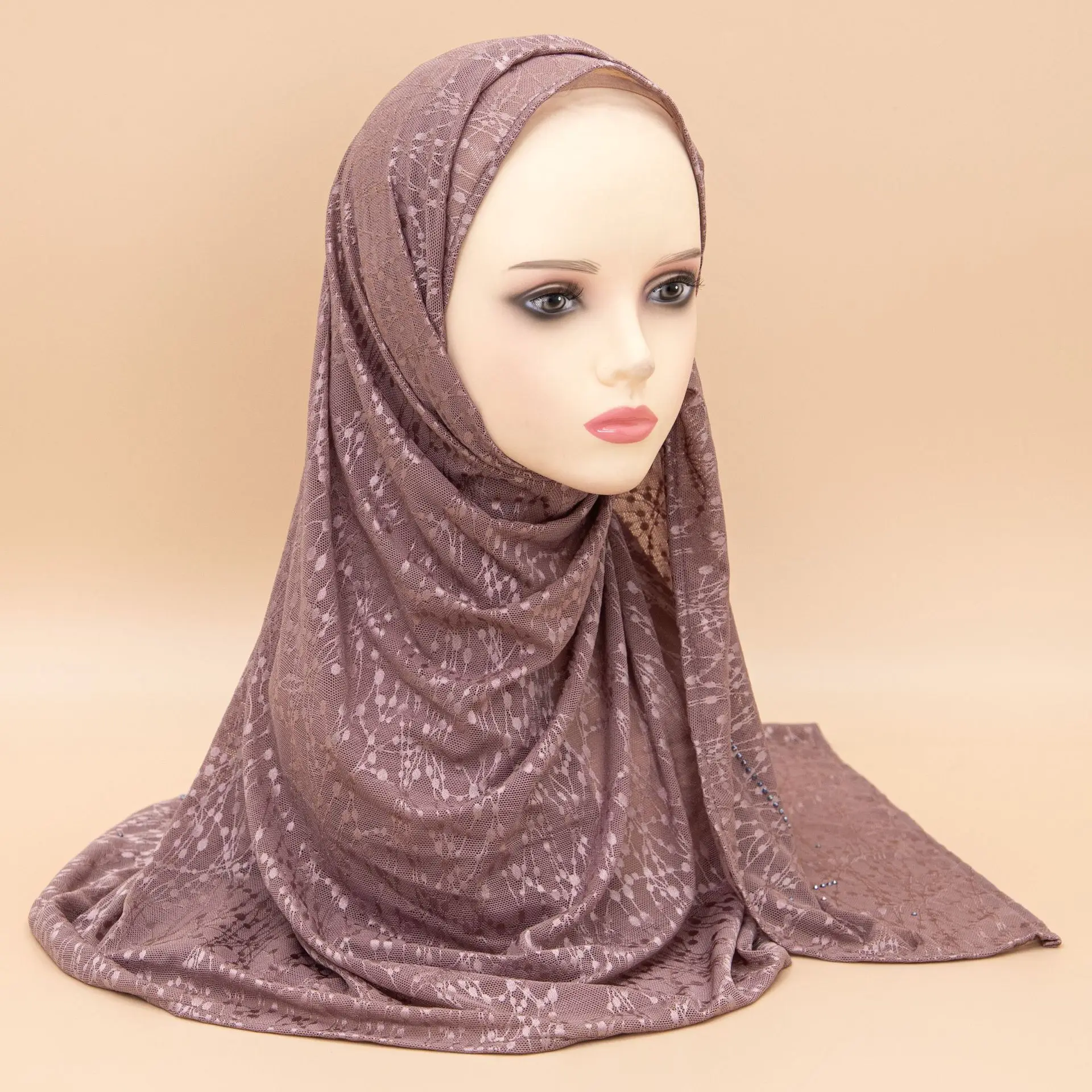 Long Hijab Scarf for Muslim Women Shawl Turban Plain Soft Headscarf Splice Chiffon Handmade Diamond Decoration Ethnic Head Wraps