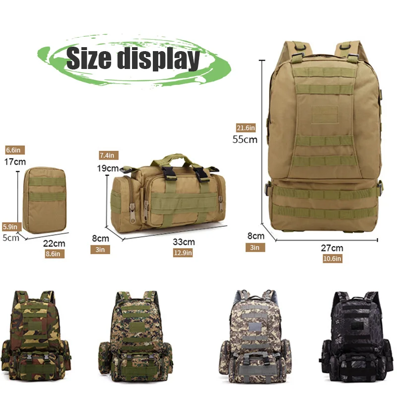 

New 55L Tactical Backpack Large Capacity Rucksack Waterproof Molle Combination Bag Outdoor Travel Trekking Hiking Camping Bag