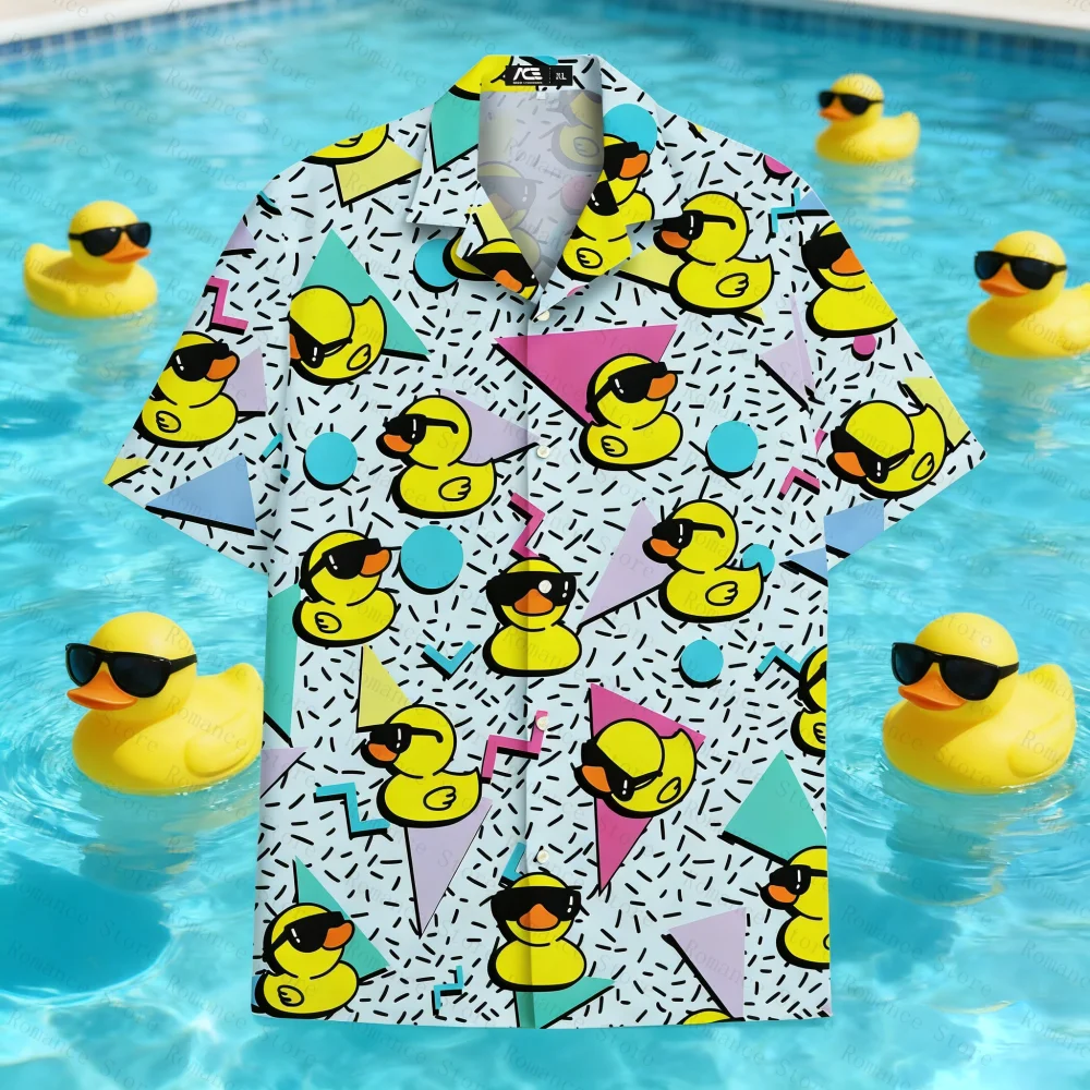 80s 90s Retro Memphis Duck Print Hawaiian Shirt Men's Casual Button Up Beachwear Men's Shirts Woman Shirts Fashionable Casual