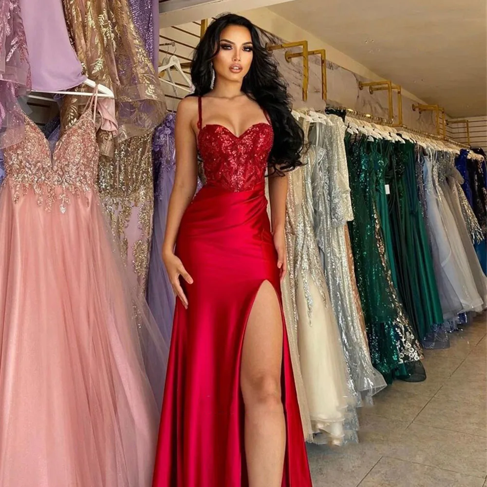 Sexy Sparkly Red Sequin Mermaid Long Prom Dresses Sweetheart Halter Split Evening Gowns Formal Party Dress Sexy 2024CL-541