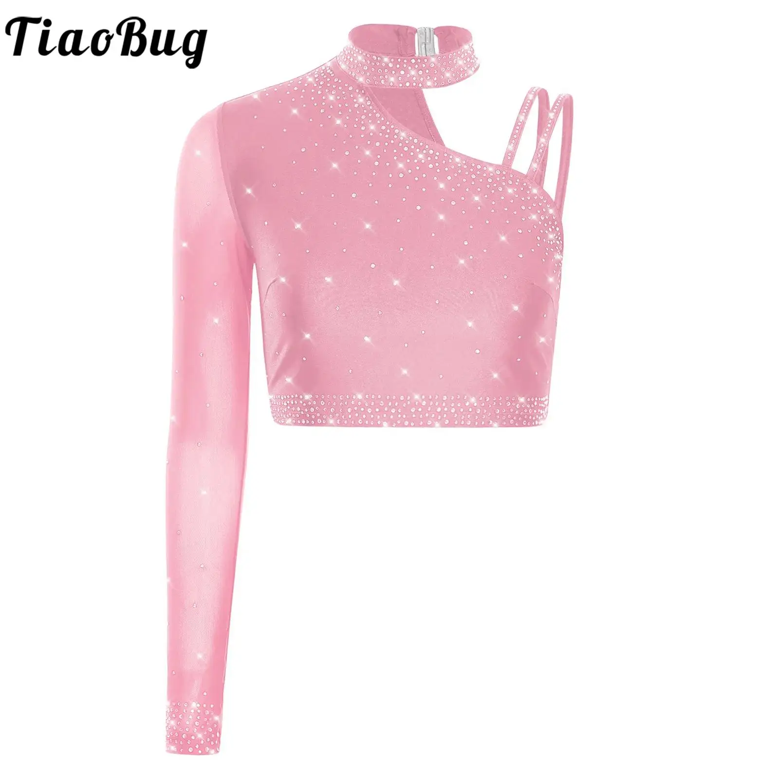 Damen Jazz Tango Latin Bauchtanz Cropped Tops Strass Single Langarm Asymmetrisches Top für moderne Dancewear Performance