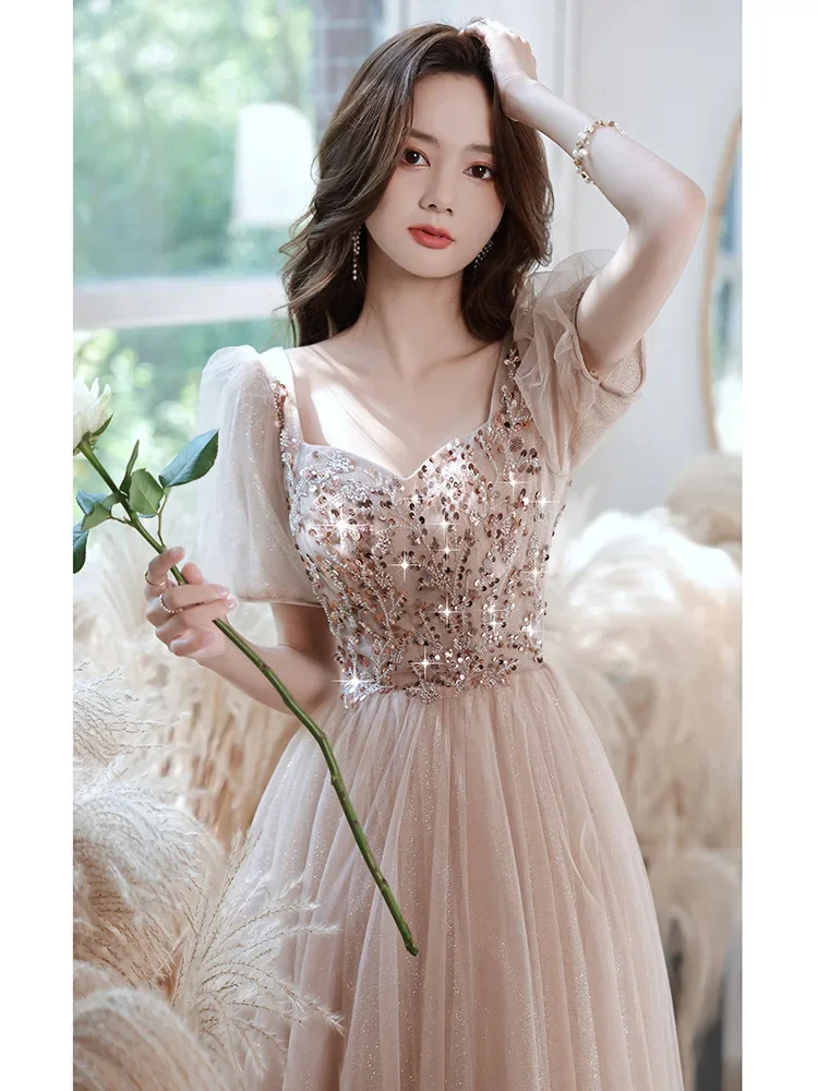 Ofallsis Champagne Colored Sequins Evening Dress Female New Banquet Temperament Vocal Art Exam Host Birthday Party Dresses