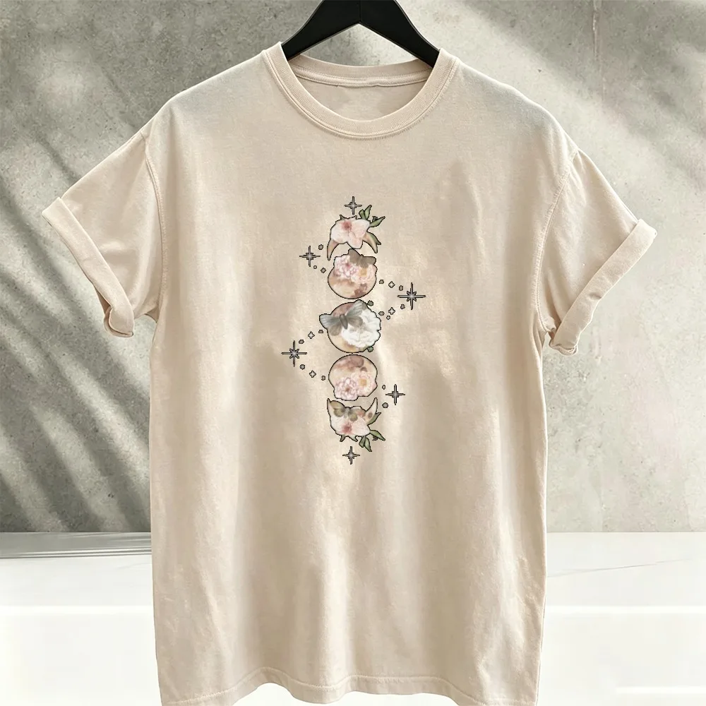 Moth Moon Phase Floral Graphic T-Shirt Celestial Cottagecore Fairy Grunge Witchy Nature Butterfly Short Sleeve Tee Gift for Her