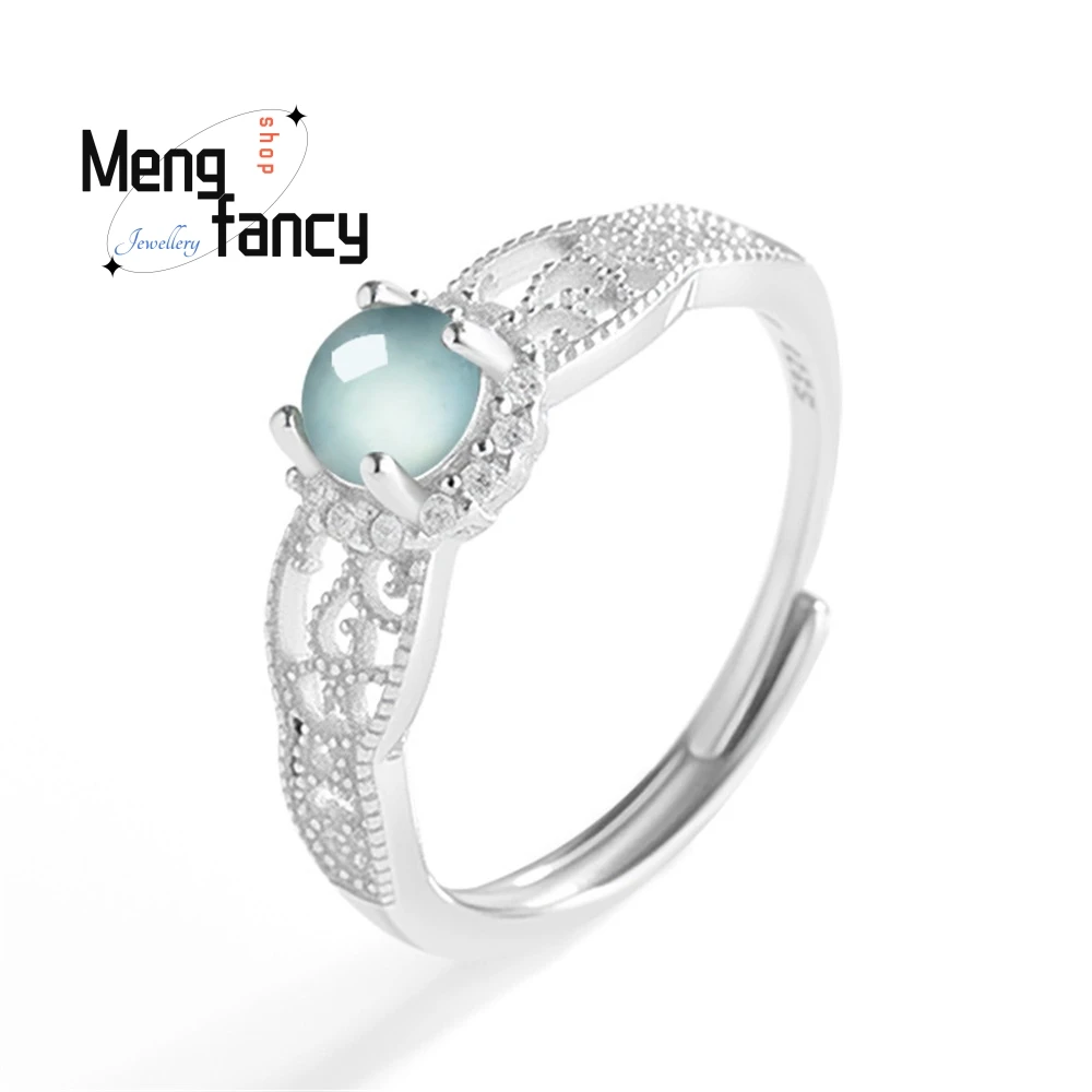 

Light Luxury Natural A-Grade Jadeite Blue Water Ring, Ice Type Jade, Fashionable S925 Silver Inlaid Ring For Women, Adjustable