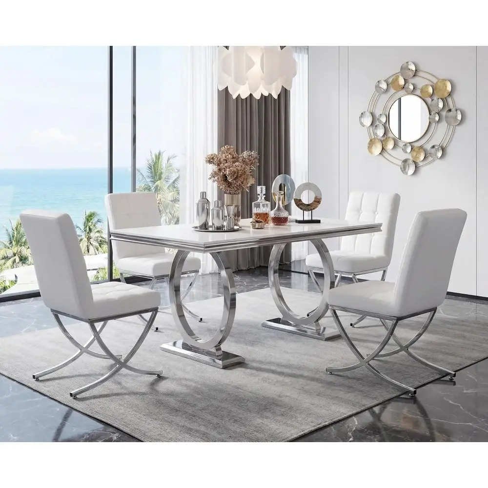 ern Dining Chairs Set o 4, White Leather Upholstered Seater with Chrome Metal Legs and High Tuted Backs, Arml, or Dining Room/Ki