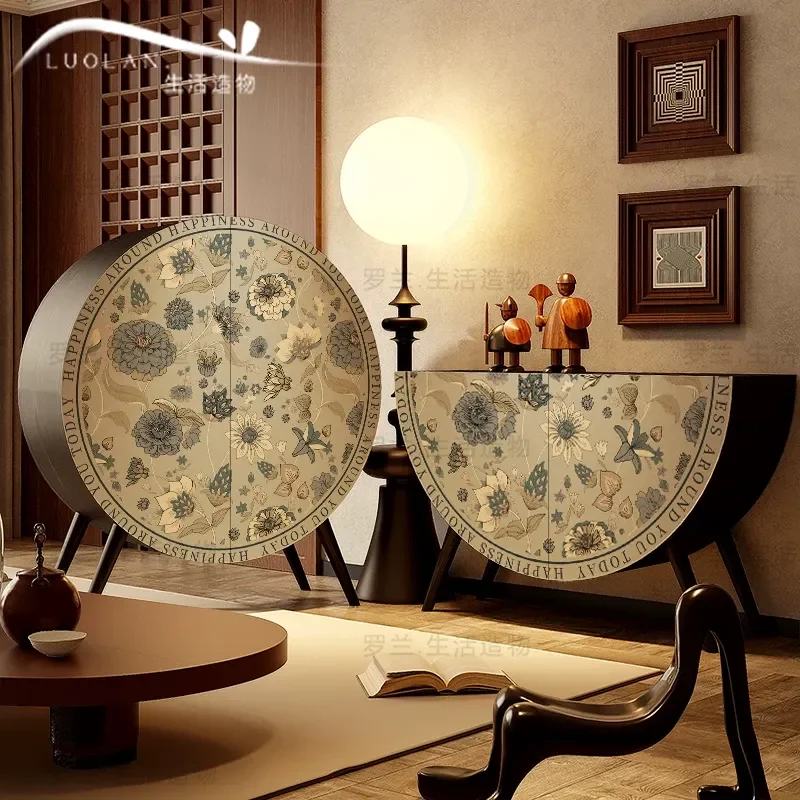 Cream Solid Wood Semicircular Cabinet Art Entrance Decorative Storage Living Room Water Bar Integrated Cabinet