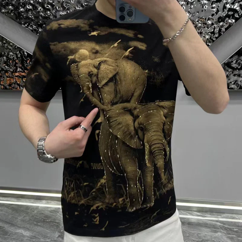 Summer Animal  Pattern Hot Drilling Tshirt Fashion Brand Short Sleeve T-shirt For Men Social Club Outfits Tee Shirt Homme